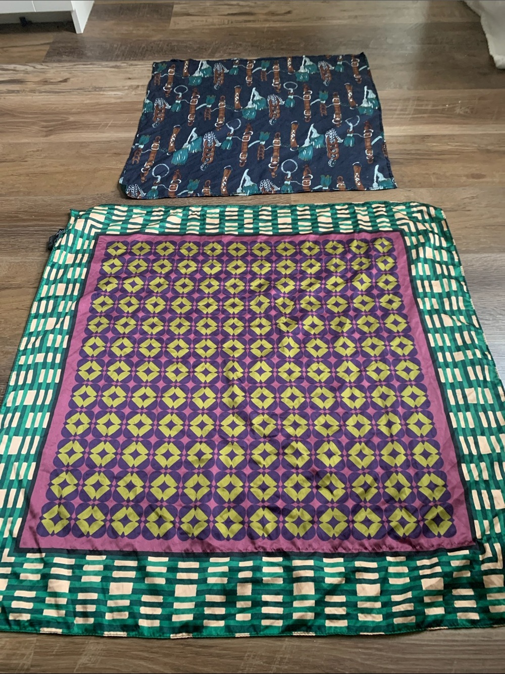 Zara Purple, Lime and Teal Geometric Silk Scarf and navy scarf of unknown brand